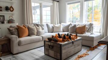 otoño vivo habitación moderno casa de Campo diseño con blanco sofá adornado con gris y naranja almohadas y rústico de madera café mesa lleno con otoño decoración foto