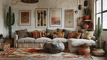 Bohemian Living Room Decor with Rustic Textures and Earthy Cacti Accents photo