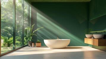 un moderno baño con verde paredes tomando el sol en luz de sol y sereno minimalista diseño foto