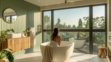 A Woman's Relaxing Retreat A Modern Bathroom Overlooking Nature photo