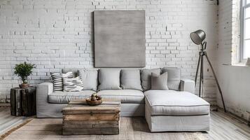 Grey Linen Sofa adorns a Scandinavian-Inspired Minimalist Living Room with Industrial Accents photo