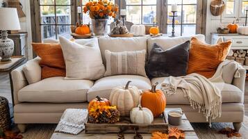 Autumn Living Room Decor Embracing Comfort and Cozy Harvest Hues photo