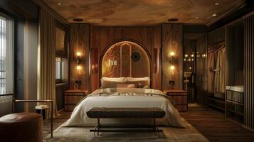 Art Deco Hotel Bedroom Exuding Elegance and Warmth with Wood Paneling and Velvet Accents photo