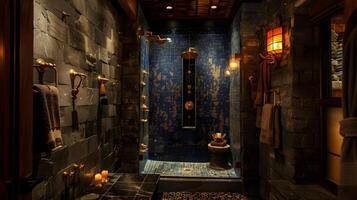 Ambient Lit Dark Stone Bathroom with Gothic and Asian Inspired Decor photo