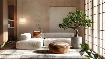 zen estudio Departamento sereno espacio con felpa terciopelo sofá y dinero árbol en elegante tierra tonos foto