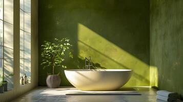 A Modern Bathroom Sanctuary Green Accent Wall and Freestanding Tub Basking in Sunlight photo