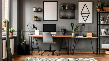 Gray Home Office with Industrial Minimalism and Modern Sophistication photo