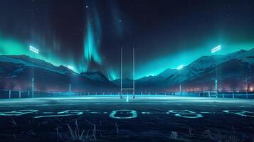 Rugby Field Basks in Northern Lights Ethereal Glow A Symphony of Winter Hues and Yard Line Artistry photo