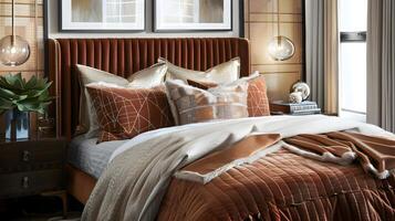 Art Deco Elegance Luxurious Velvet Bedding and Geometric Linens Adorn a Stylish Bedroom photo