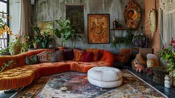 bohemio vivo habitación con naranja terciopelo sofá y ecléctico decoración, exudando comodidad y estilo foto