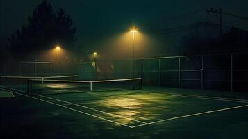 Vintage Lamps Illuminating a Classic Tennis Court at Nightfall photo