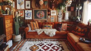 Bohemian Living Room with Vintage Furniture and Colorful Artwork Creating a Cozy Atmosphere photo