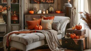 Autumn Reading Nook with Chaise Lounge and Vintage Trunks - Warmth and Comfort for Fall Relaxation photo