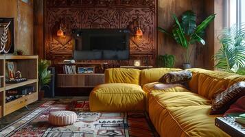 Bohemian Living Room with Wooden Walls and Oversized Yellow Velvet Sofa in a Tranquil, Eclectic Space with Modern Appeal photo