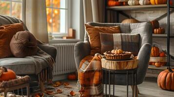 Autumn Living Room Decor Plaid Blankets, Pumpkin Pie and Warm Sunlight Creating a Cozy Atmosphere photo