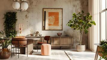 Upcycled Sideboard Anchors Eclectic Dining Room with Abstract Sculpture and Greenery photo