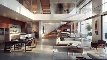 Ultramodern Open-Plan Living Space A Sculptural Staircase Unifies Modern Kitchen, Dining, and Lounge Zones photo