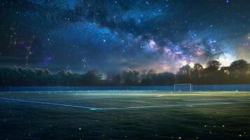 estrellado noche fútbol tono un tranquilo iluminado por constelaciones campo debajo el cósmico bóveda foto