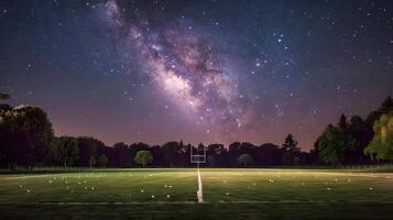 lacrosse campo toma el sol debajo el majestuoso lechoso camino a noche foto