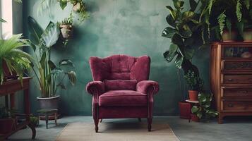 Vibrant Berry Velvet Armchair in Cozy Sage Green Nook Filled with Exotic Plants photo