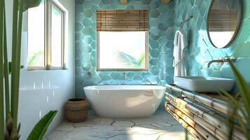 Blue Hexagonal Tile Bathroom with Bamboo Accents and Tropical Plants in Boho Interior Design photo