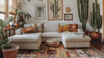 boho vivo habitación retirada en forma de l blanco sofá y vistoso cactus en terroso tonos y geométrico patrones foto