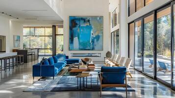 Blue Sofas Adorn Modern Living Room Overlooking Nature Through Large Windows photo