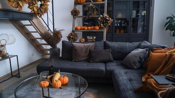 Autumn-Themed Living Room with Grey Sofa and Warm Lighting Invites Relaxation and Socializing photo