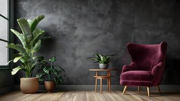 exclusivo berenjena terciopelo Sillón adorna elegante carbón gris pared en un de moda esquina diseño foto