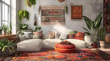 Warm and Inviting Bohemian Living Room with Oversized Plush Sofa and Vibrant Patterns photo