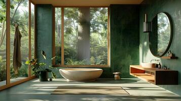 Bathroom Oasis of Serenity A Modern Space with Forest Green Walls and Bathtub, Bathed in Natural Light and Adorned with Plants photo