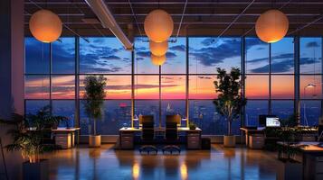 Zen-Inspired Open Office Space Boasts Calming Cityscape View at Sunset photo