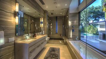 Urbane Bathroom with Contemporary Resin Vanity and Torrential Shower photo