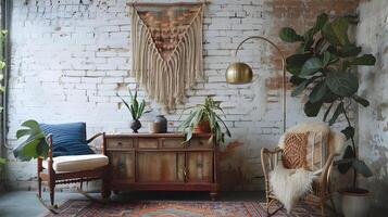 Vibrant Bohemian Corner Featuring Macrame Tapestry, Wooden Storage Unit, and Brass Lamp Adorning a Weathered Brick Wall photo