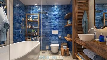 Blue Tile Bathroom with Eco-Friendly Mango Wood Accessories and State-of-the-Art Fixtures photo