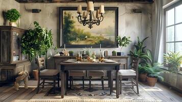 Vintage Dining Room Inspiration Distressed Wooden Sideboard and Classic Landscape Art photo