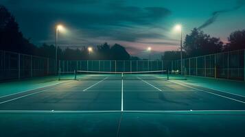 Vintage Lamps Bathe Classic Tennis Court in Soft Glow as Night Falls photo