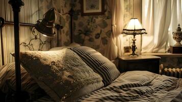 Vintage Iron Bed Adorned with Lacy Pillows in a Timeless Victorian Era Bedroom Setting photo