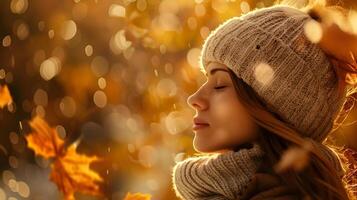 Tranquil Woman in Cozy Woolen Beanie Finds Peace in Autumnal Suns Caress and Resplendent Foliage photo