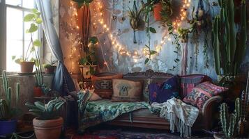 Whimsical Bohemian Living Room Corner Emanating Comfort and Inviting Relaxation photo