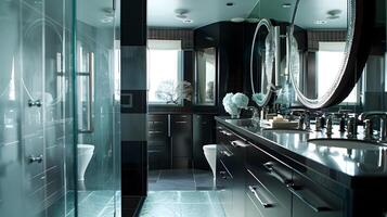 Upscale Bathroom Design Sleek Glass Vanity and Deluge Shower Exuding Modern Luxury photo