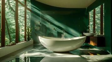 A Modern Bathroom Oasis Green Walls and Sunlight Streaming Through Forest Windows Surround an Elegant Freestanding Bathtub photo