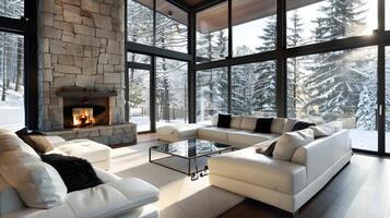 un moderno vivo habitación con grande ventanas, Roca chimenea, y cubierto de nieve bosque ver exudando calor y elegancia foto