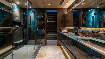 Urbane Bathroom with Contemporary Resin Vanity and Torrential Shower photo