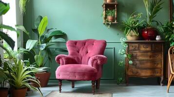 Vibrant Berry Armchair in Sage Green Nook A Cozy Haven of Tranquility and Exotic Plantlife photo