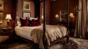 Upscale Velvet Four-Poster Bedroom Oozing Elegance and Tranquility photo