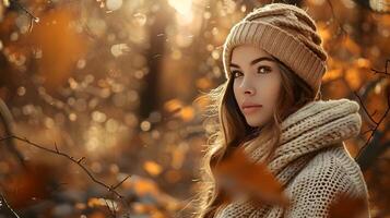 A Peaceful Woman Basks in the Autumn Suns Warm Embrace, Adorned in a Chic Knit Cloche photo