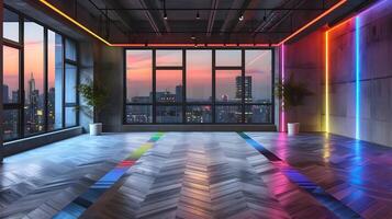 Vibrant Geometric Tiled Loft Showcases Stunning Urban Skyline photo