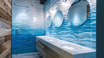 3D Ceramic Ocean Waves Tiles and Modern Hand Yoga Basins in a Bright Public Bathroom photo