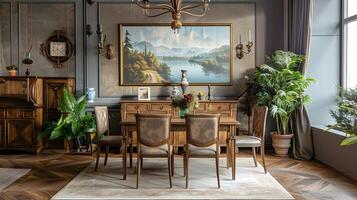 Vintage Dining Room Inspiration Comfortable Ambiance with Distressed Wood and Timeless Landscape Art photo